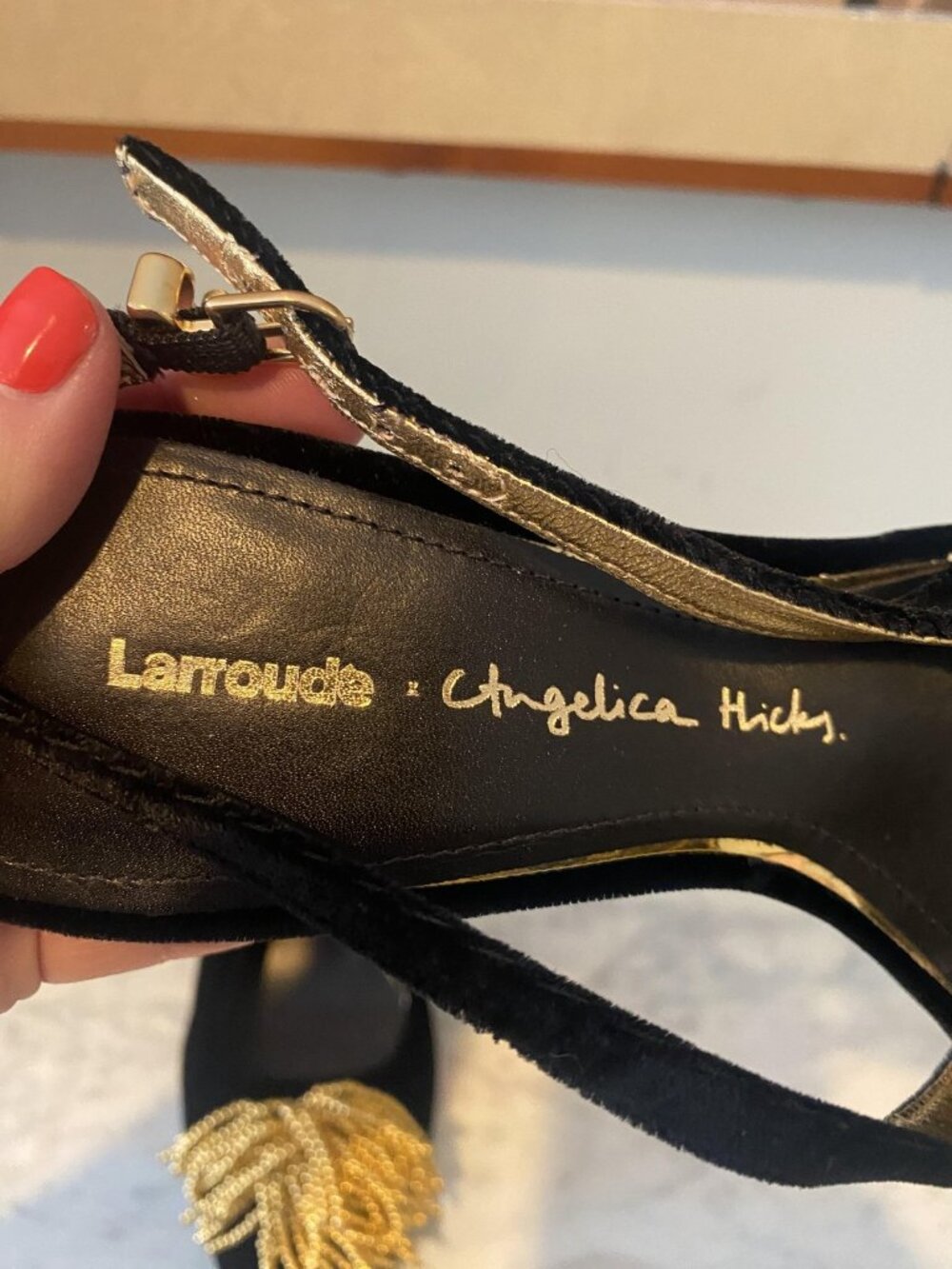 Larroude Angelica Hicks Shoes Womens Size 7.5 Black Suede Beaded Slingback Heels - Picture 4 of 6